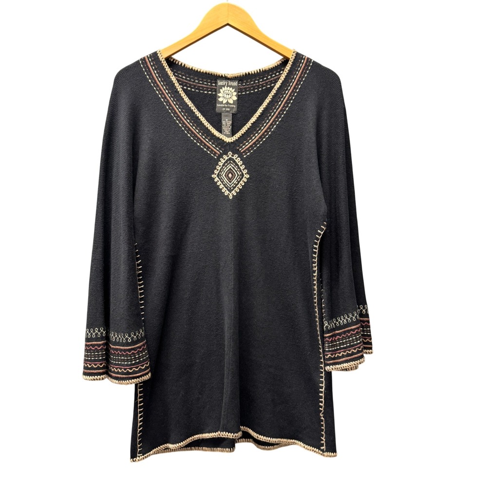 Lucky Brand Sweater Womens M V-Neck Embroidered Black Boho Pullover Cotton Blend